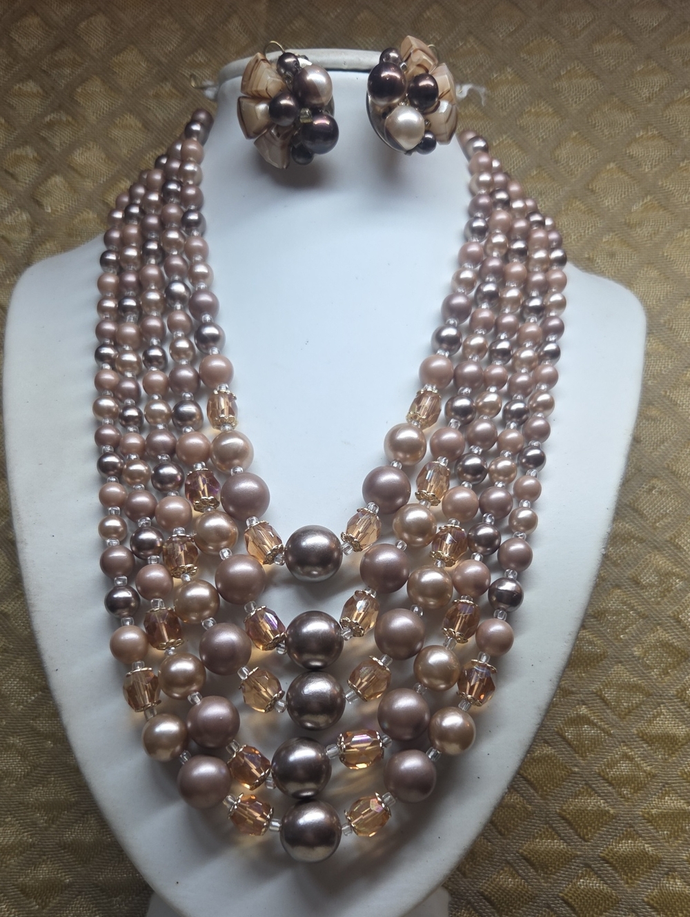Multi-Strand Vintage Japan Pearl Taupe Statement Necklace with Earrings